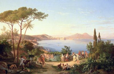 ナポリ湾と踊るイタリア人、1850年頃 作： Carl Wilhelm Goetzloff